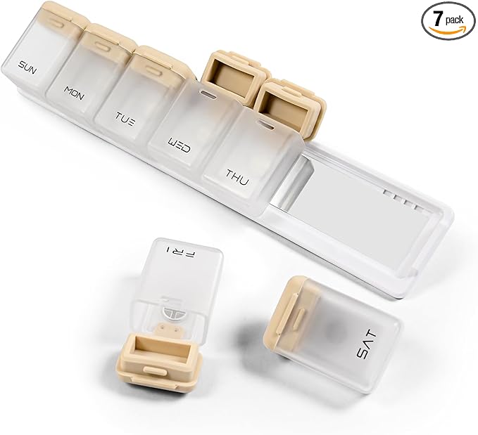 Fridge Magnetic Weekly Pill Organizer, Easy Open Daily Reminder Waterproof Pill Box for Vitamins, Travel & Daily Use (Brown)