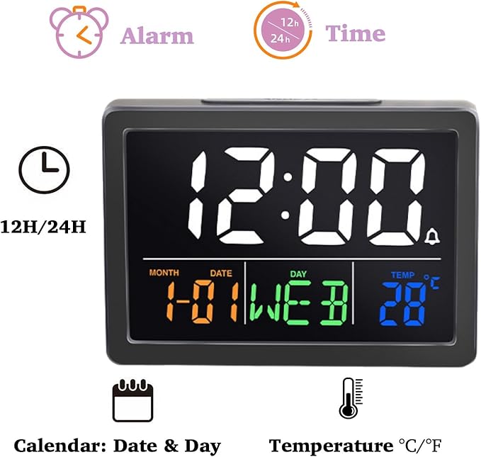 RQG Alarm Clock for Bedrooms, 5.5" Large LED Digital Alarm Clock, Desk Clock for Living Room with Temperature Calendar Snooze, Adjustable Volume, Gift for Heavy Sleepers Students Elderly
