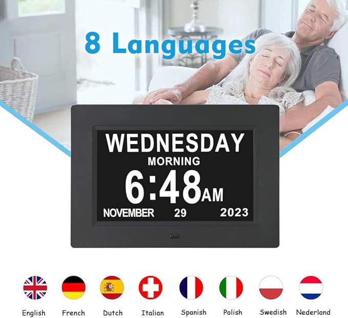 7 Inch Extra Large Day Date Time Digital Day Calendar Clocks with Auto-Dimming 12 Alarm Reminders Dementia Clock