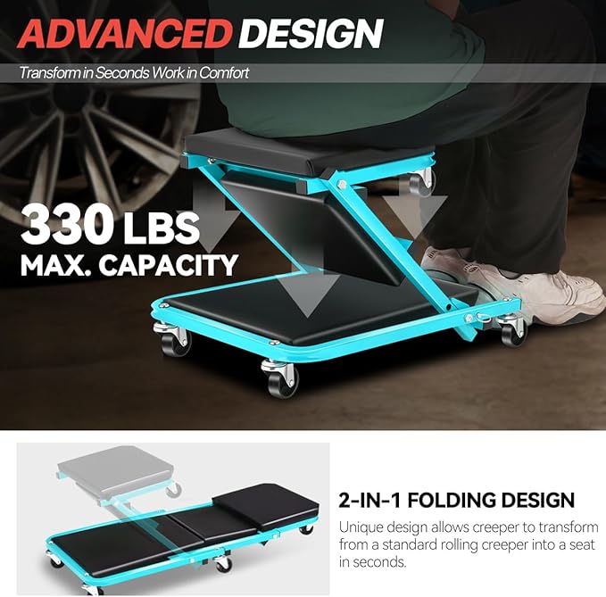 Foldable Creeper, 2-in-1 Rolling Garage Z Creeper Car & Seat, 36" Roller Mechanics Under Car Chair, 330 LBS Weight Capacity Heavy Duty, Ocean Blue