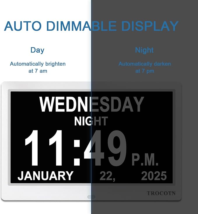 TROCOTN Dementia Clocks, Large Display Calendar Alarm Clock with Auto DST for Seniors, 5 Display Modes Large Font Digital Clock with Custom Alarms Day Date Clocks.(10 Inch White)