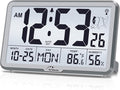 WallarGe Atomic Wall Clock with Backlight, Digital Wall Clock Battery Operated for Classroom, Bedroom, Office, Large Display with Indoor Temperature, Humidity, Date, AUTO DST, 6 Time Zones