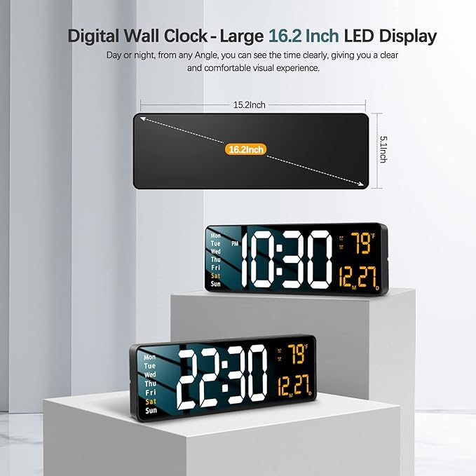 JoFomp Modern 16" Large Digital Wall Clock with Remote Control, LED Display, Auto-Dimming, Countdown, Temperature, Calendar - 12/24Hr Format - Silent Wall Clock for Home, Office, or Gym Use (Orange)