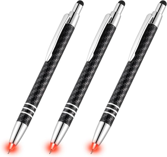 Lighted Tip Pen with Stylus 3-in-1 - LED Penlight Light Up Pen Light Ballpoint Pen with Light for Writing in the Dark - Pack of 3 - Red Light - GL006