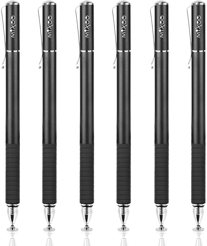 Mixoo Universal Stylus Pen for Touchscreen iPhone iPad Android Tablet Apple Kindle Switch Chromebook Galaxy All Touch Screens, Disc & Fiber Tip 2 in 1 Stylus Pens for Touch Screens (6 Black)
