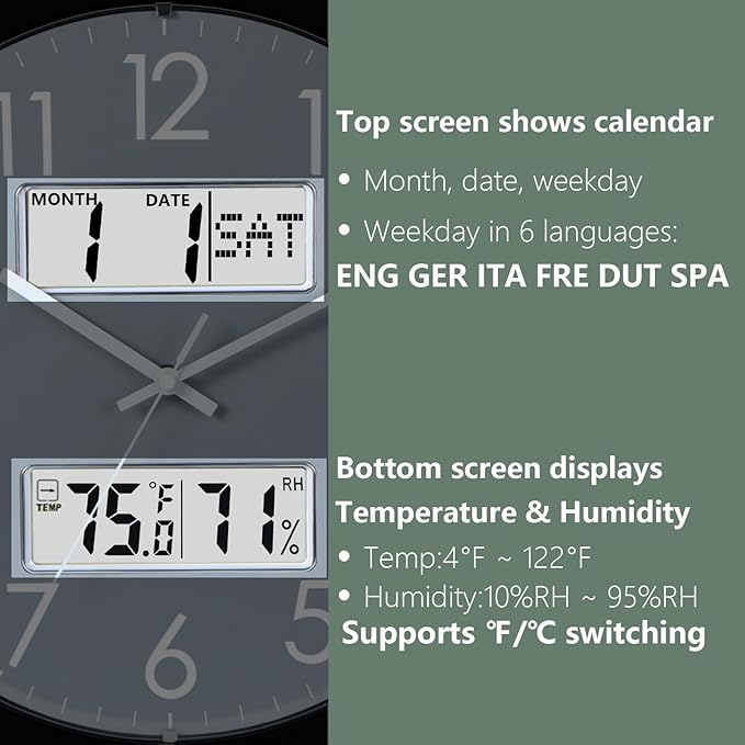 Nbdeal 13-Inch Analog Silent Wall Clock with Calendar Temperature & Humidity (Grey)
