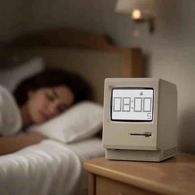 ANTPO Maclock WB-8 Retro Pixel Alarm Clock, 1984 80s Computer Style Electronic Digital Clock with LCD Display, USB Desk Clock for Bedroom, Multiple Alarms, Calendar, Temperature, Adjustable Brightness
