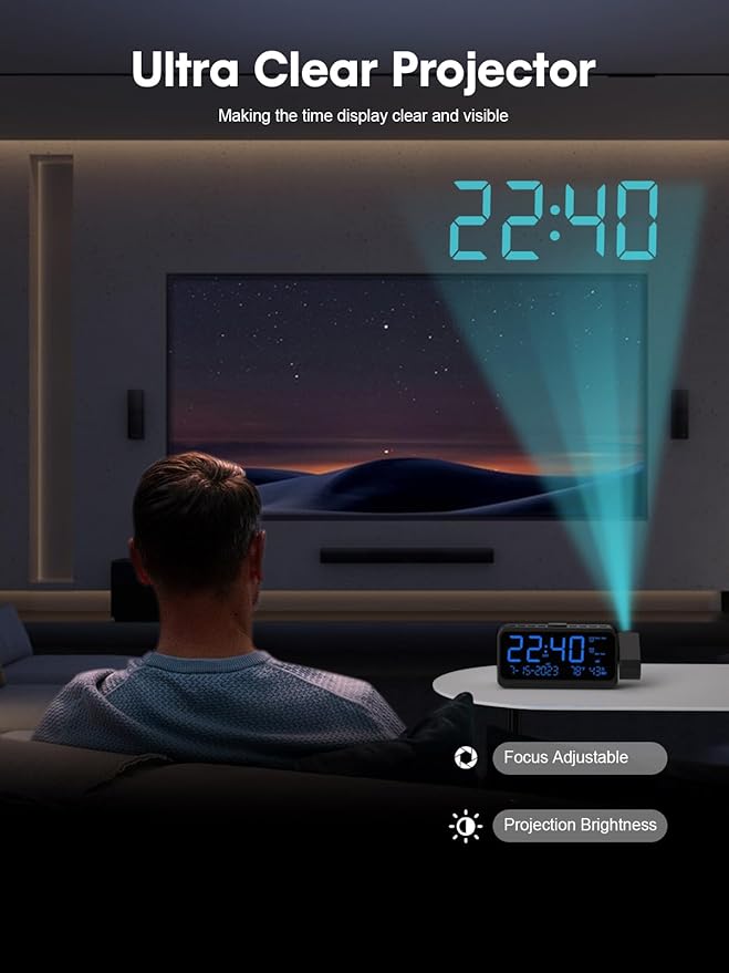 ROCAM Projection Alarm Clock for Bedroom Ceiling, Digital Clock with 180° Projector with 5-Level Dimmer, Dual Loud Alarm with Weekend/Weekday Mode, Date, Temp, Humidity, Night Light, DST, Snooze