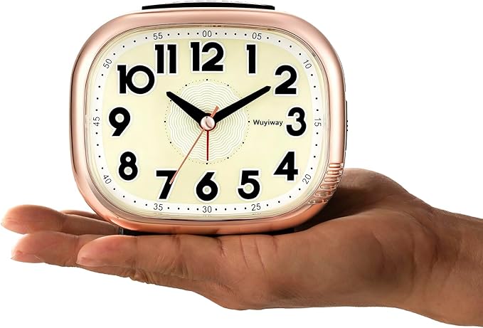Vintage Retro Analog Alarm Clock, Battery Operated, Silent No Ticking, Glow in Dark Dial, Lighted on Demand and Snooze, Black, 4.7" x 3.9" x 2.7"