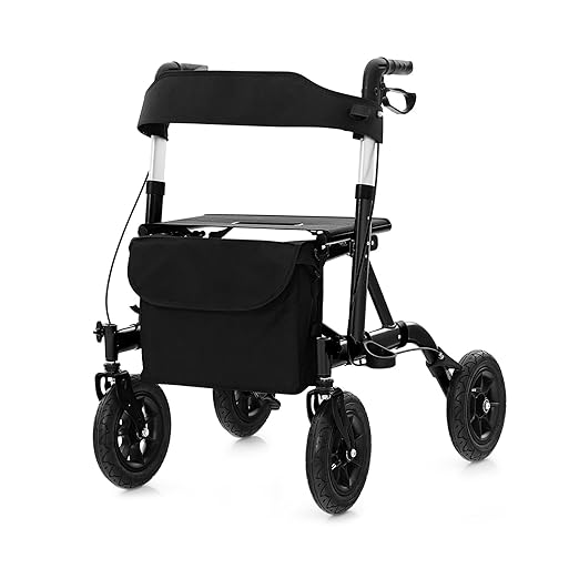 GOFLAME All-Terrain Rollator Walker w/Pneumatic Tires, Foldable Outdoor Walkers w/Seat, Backrest, 32"-37" Adjustable Height & Storage Bag, Lightweight Aluminum Walker for Seniors & Adults, Black