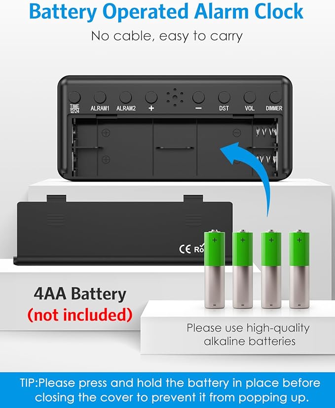 AMIR Battery Operated Digital Clock, Small Digital Clock, Cordless Alarm Clocks for Bedrooms - Large Numbers 4 Dimmers, 3 Volume, 12/24H, DST for Heavy Sleepers