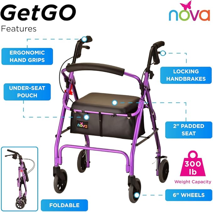 NOVA GetGo Classic Rollator Walker (Standard Size), Rolling Walker for Height 5'4" - 6'1", Seat Height is 22.25 Inch, Color Purple