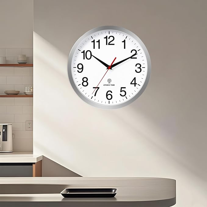 Rohioue Atomic Wall Clock Modern 12 Inch Battery Operated Analog Clock Decorative for Bedroom Kitchen Bathroom Office Home Living Room (Silver)
