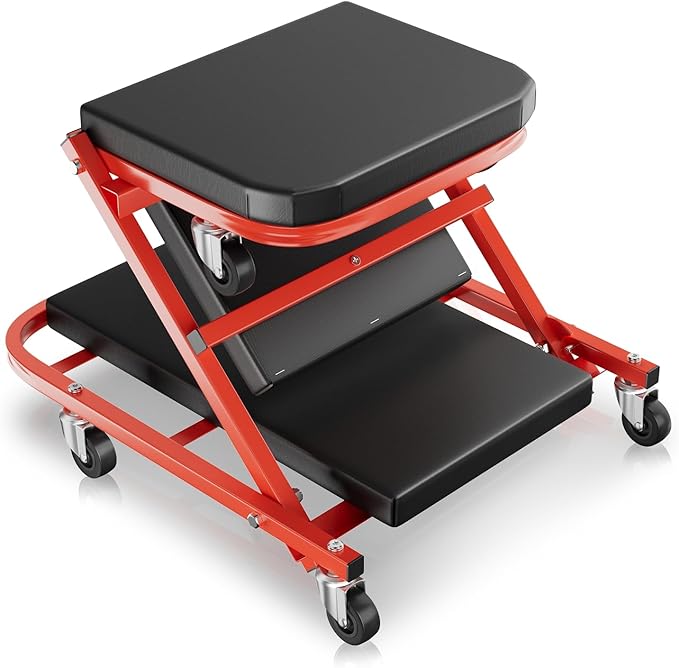 Auto Dynasty 40" Z-Creeper Seat, 2-in-1 Foldable Garage Creeper Shop Seat, 330 LBS Capacity Automotive Mechanic Repair Under Car Rolling Creeper Seat, Red