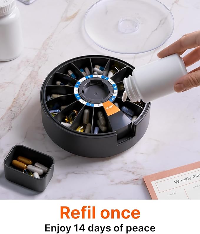 14-Day Rotating Pill Dispenser Wheel Push Button Wall-Mount or Desktop Large Capacity