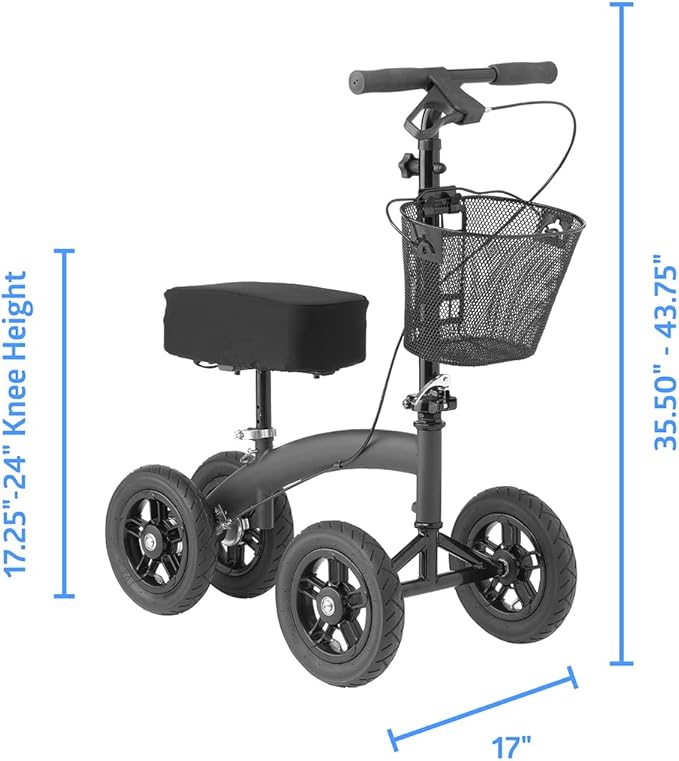 Medline Junior All-Terrain Knee Walker 10” Pneumatic Tires, 350 lbs. Capacity, Black — for Kids and Youth with Leg & Foot Injuries, Crutches Alternative, 1 Ct.