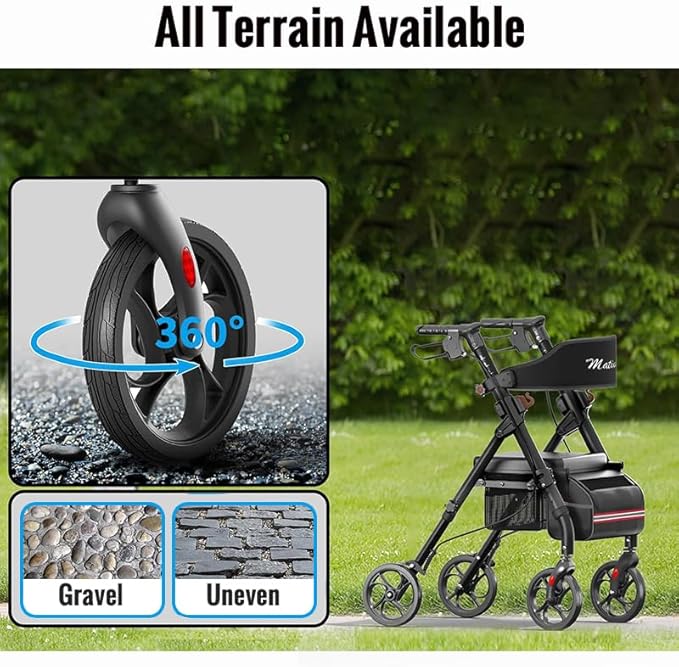 Foldable Rollator Walkers with Seat for Seniors, Lightweight Rollator Walker with 8" Big Wheels, Height Adjustable Ergonomic Rolling Walker Seat, Aluminum and Carbon Steel (Black)