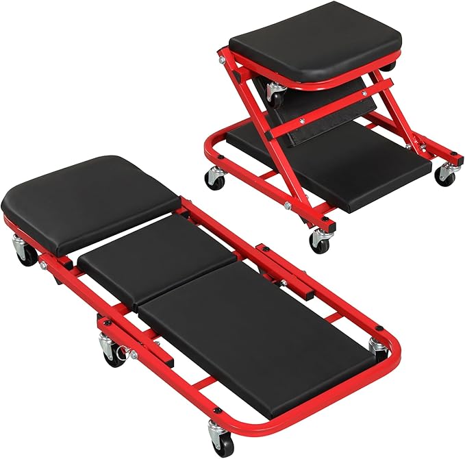 Goplus 2-in-1 Z-Shaped Rolling Garage Stool, 36" Folding Flat Automotive Creeper with Padded Seat & 6 Swivel Casters, Convertible Mechanic Stool for Auto Workshop & Repair