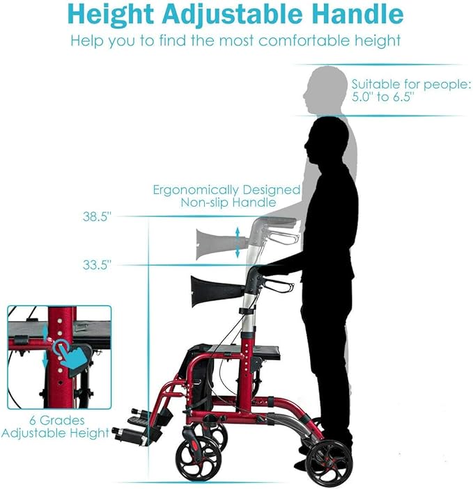 GOPLUS 2 in 1 Rollator Walkers for Seniors, Folding Rollator Walker with Seat, 8-inch Wheel Medical Drive Walker Wheelchair Combo with Backrest, Adjustable Handle for Adults, Aluminium Frame