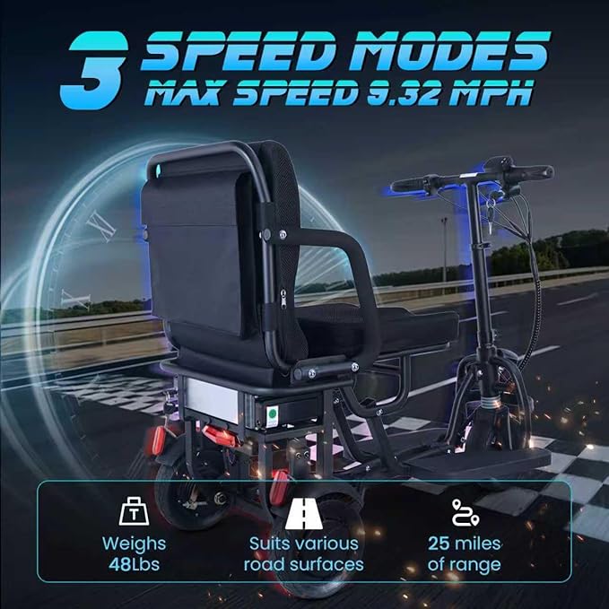 Upgraded Folding Mobility Scooters, 40MIles Longest Range Lightweight Motorized Mobility Scooter for Seniors, 3+1 Speed Mode, with Basket & Cup Holde, Dust Cover, No Assembly Required