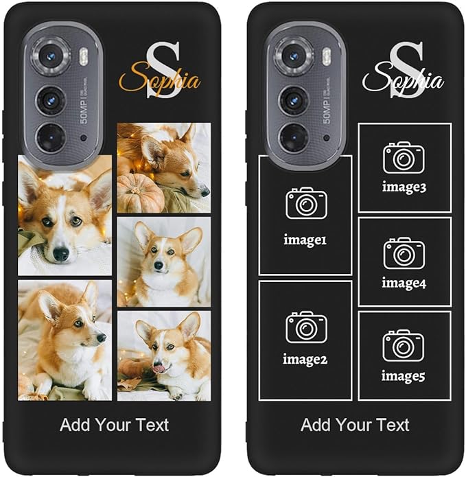 Personalized Picture Case for Motorola Moto Edge 2022 Customized Name Initials Phone Cover, Custom Multi-Picture Collage Shock-Resistant Soft Protective TPU Case, Gifts for Mother's Day, Black