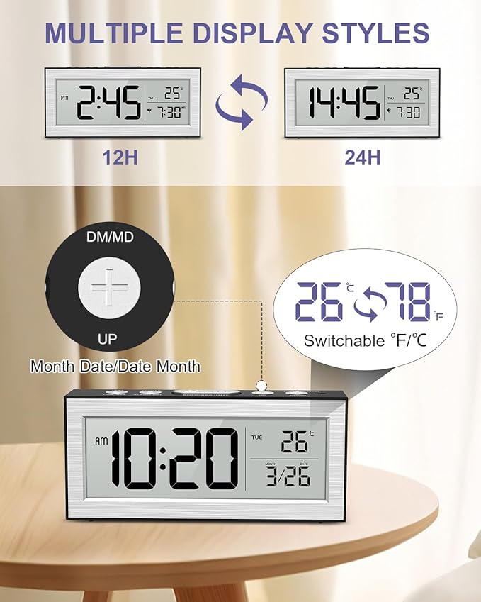 Battery Powered Alarm Clocks, Travel Alarm Clock with LCD Display, 12/24H, 5-Min Snooze, Bedside Clock with Auto Dimming Function and Working Mode, Suitable for Bedroom, Office, Travel