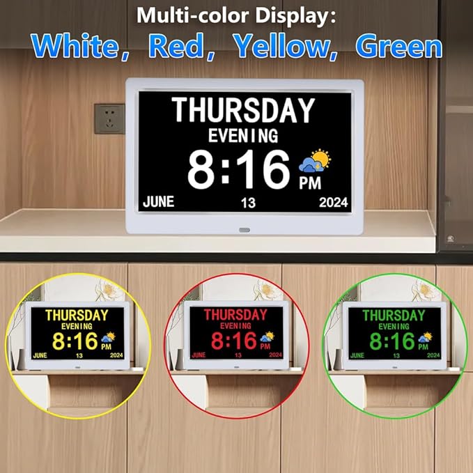 AINFTIME DST Digital Clock with Date and Day of Week for Elderly-12 Alarms Medication Reminder Dementia Alzheimers Clock Calendar with Extra Large Display (10.1 inch White)