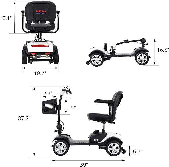 Christmas Gift for Mom Dad Parents Metro Mobility Scooter for Adults/Seniors-4-Wheel Foldable Electric Powered Mobility Scooters-with Thickened Leather Seats-Long Range Power Extended Battery-M1 White