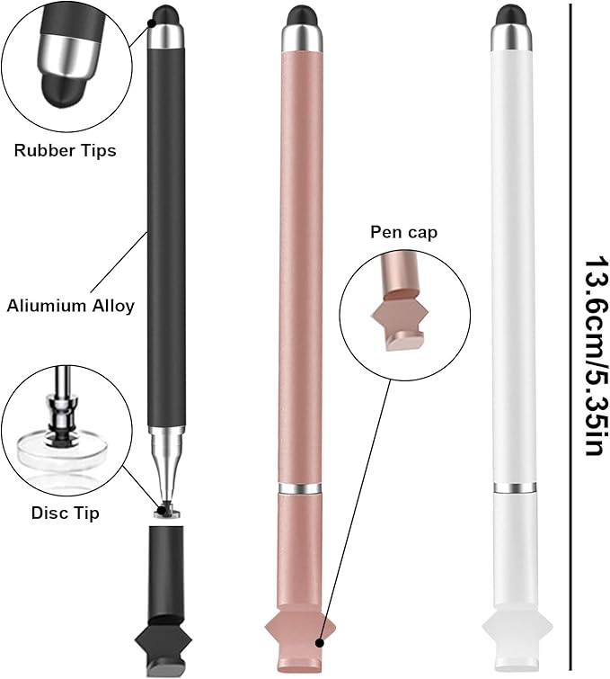 3 in 1 Stylus Pen for Touchscreen,iPad,iPhone,Stylus Pen with Pen Cap,High Precision & Sensitivity, Compatible for iPad/Android Tablets, Laptop and Touchscreens(Black/White/Rose Gold)
