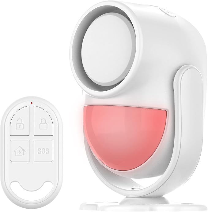 125dB Loud Motion Sensor Alarm with 328ft Remote Control (40ft PIR Detector, 3*AA Batteries), Indoor Wireless Infrared Security Motion Detector with Siren for Home/Shed, White