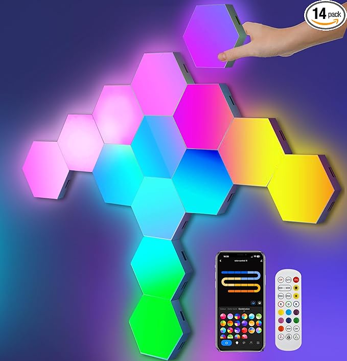 Hexagon LED Lights for Gaming Room 14 DIY Panels Voice App Control Music Sync Wall Decor
