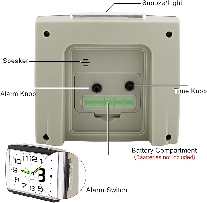 DTKID Large Alarm Clock for Bedside, Silent Non-Ticking Analog Clock with Night Light, Battery Powered, Gradually Increasing Alarm for Heavy Sleepers, Seniors
