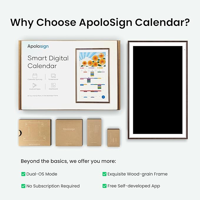 Apolosign 27-Inch 4K Smart Digital Wall Calendar Touchscreen Family Planner Dark Oak