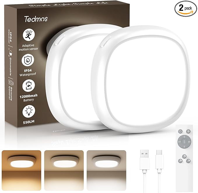 2 Pack Rechargeable Shower Lights for Inside Shower, 12000mAh Motion Sensor Wireless Ceiling Light with Remote No Wiring, Battery Operated Closet Lights Cordless LED Overhead Lighting Bathroom Garge