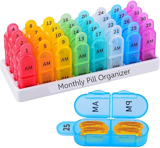 Monthly Pill Organizer Monthly 31 Day AM PM – Pill Sorter Monthly with Large Compartments, 2 Times Pill Container,Monthly Pill Holder for Vitamins, Supplements & Daily Medication