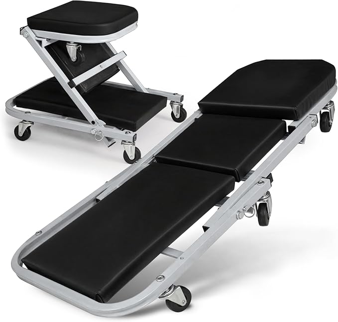 Magshion Garage Creeper Seats on Wheels, Length 40" 330 lbs Capacity 2 in 1 Folding Mechanic Creeper Garage Stool Lay Down or Sit (Gray)