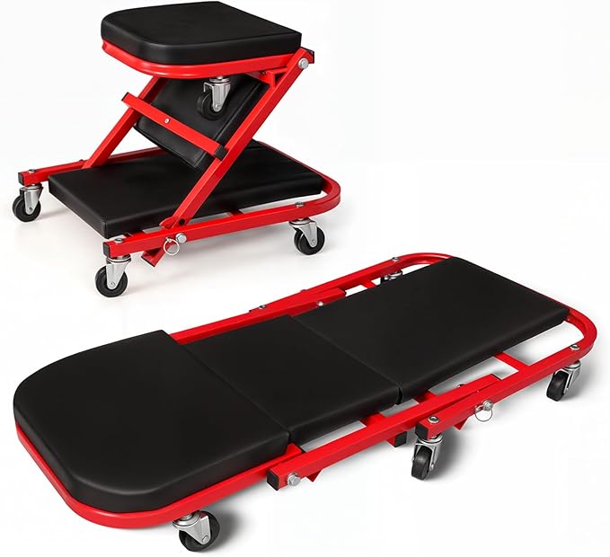 Magshion 36" Triplex Folding Creeper 2-in-1 Garage Foldable Creeper and Seat, Low Profile Mechanic Creeper with 6 Caster Wheels - 330 lbs Capacity (Red)