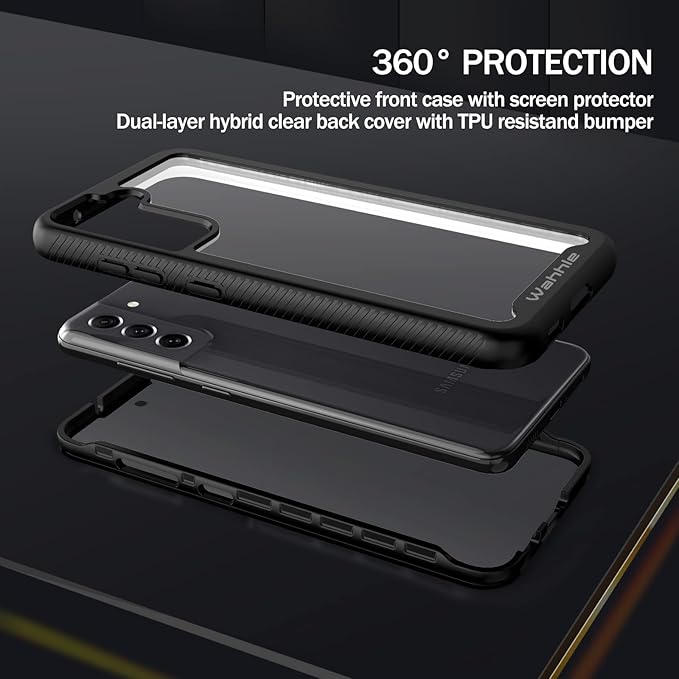 wahhle Compatible with Samsung S21 FE 5G Case, Built in Screen Protector Full Body Shockproof Slim Fit Bumper Protective Phone Cover for S21 FE 5G 6.5 Inch Men Women-Black/Clear