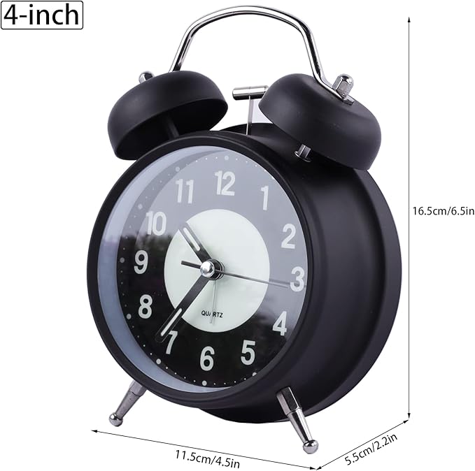 4" Analog Luminous Alarm Clock Twin Bell Silent Non-Ticking Quartz Battery Operated Loud with Backlight for Bedside Table Vintage Retro Style, Decorative Desk Clock