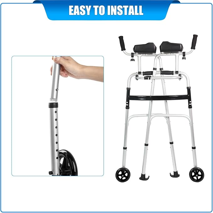 2-Pack Walker Wheels Replacement with Precision Ball Bearings, 6-Inch All-Terrain Wheels for Walkers with Outward-Angled Legs, 7-Level Height Adjustable, 350lbs Heavy Duty, Slip-Resistant Traction
