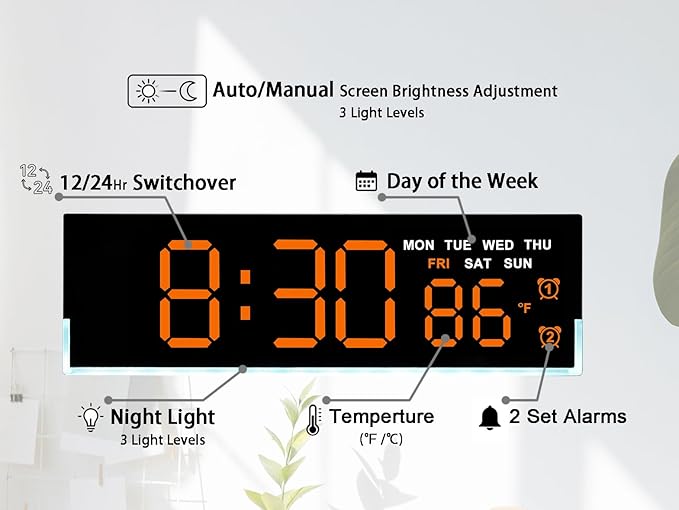 JENLYSTIME 7 Inch LED Digital Alarm Clock with Dual Alarms & Bottom Glow｜Displays Time, Date, Day, Temperature ｜3-Level Auto/Manual Brightness, DST, USB or Battery Powered Modern Desk Clock (Orange)