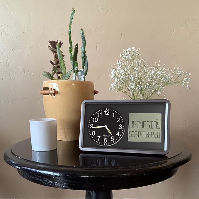 Atomic Combines Analog Time and Digital Display for Day and Date – 10” Display Alarm Clock - Battery Powered Soft Display - Black Frame