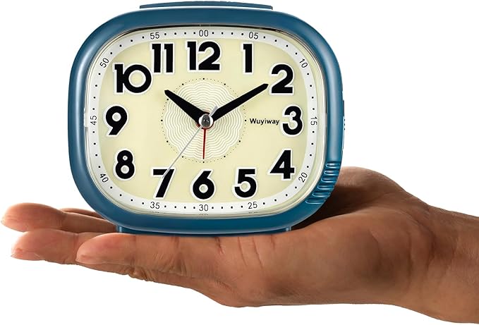Vintage Retro Analog Alarm Clock, Battery Operated, Silent No Ticking, Glow in Dark Dial, Lighted on Demand and Snooze, Blue, 4.7" x 3.9" x 2.7"