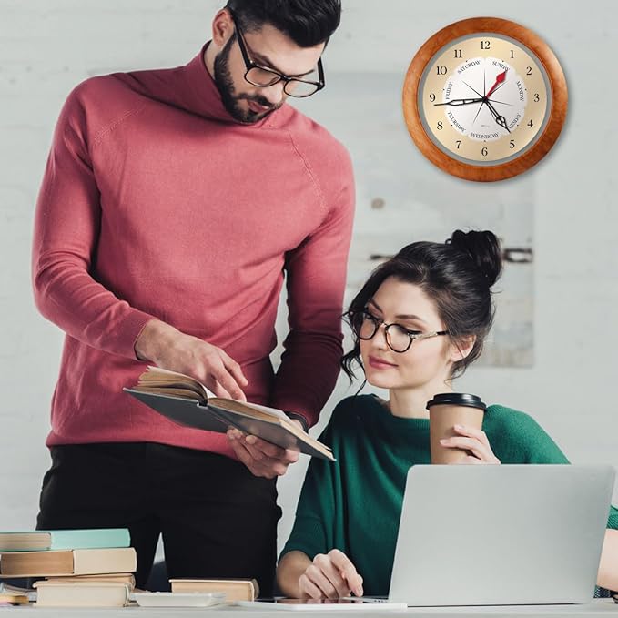 Time & Day of The Week Wall Clock with 13.5” Maple Accent Frame – – Ideal Retirement Gift for Men and Women, Day Clock for Seniors and Retirees