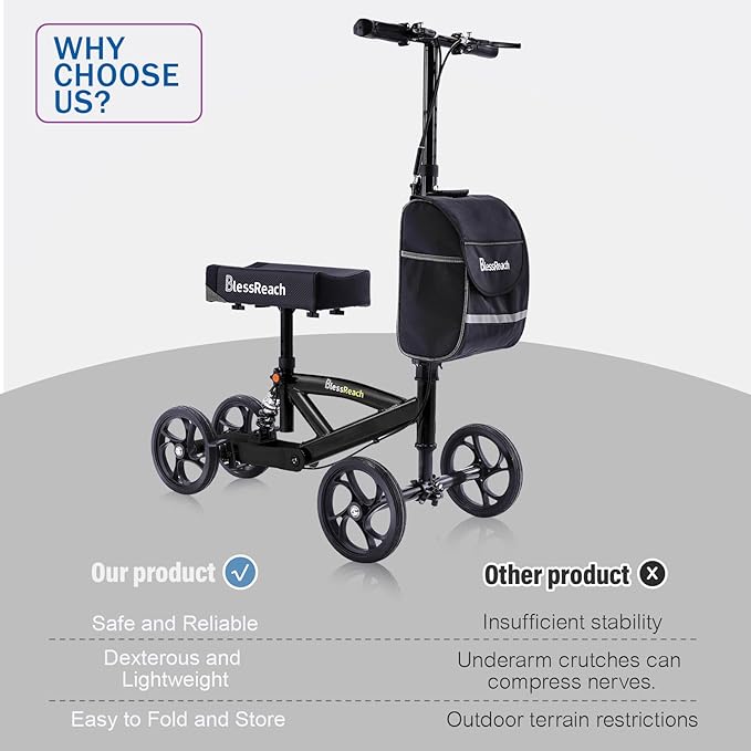 BlessReach Steerable Knee Walker Deluxe Medical Scooter for Foot Injuries Compact Crutches, with Dual Rear on-Wheel Brake and Shock Absorption Under The Knee pad, Black