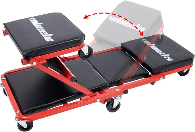 Mechanic Creeper 36-inch 3-in-1 Mode Z Seat 340lbs Capacity, Foldable Garage Adjustable Rolling Folding with 6pcs Wheels Roller, Lay Down Sit Lean Back, Under Car Auto Repair (Red Frame)