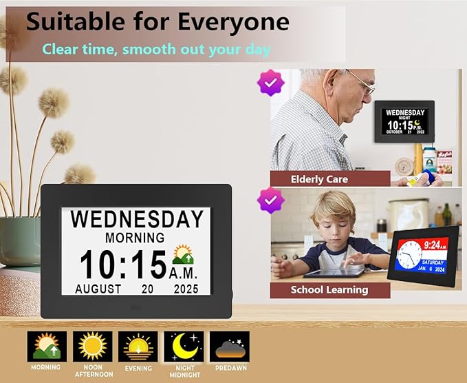 Véfaîî Upgraded Large Digital Calendar Clock with Day Night Icons for Elderly, 20 Custom Reminders, Auto DST, 10 Levels Night Dimmer, 8 Colors 3 Display Modes,10 Levels Volume, 7" Black with Remote