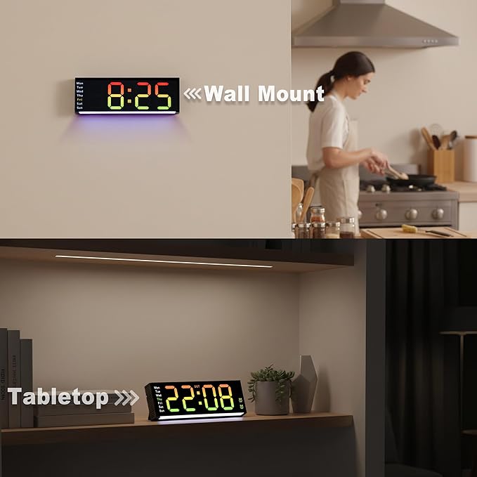 11-Inch LED Wall Clock with RGB Flowing Light, Large Digital Display for Date, Time, Temperature｜Easy to Read, Dual Alarms, Remote Control｜Modern Décor for Home, Kitchen, Living Room, Office, Yoga