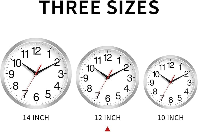 Rohioue 12 Inch Wall Clock Modern Battery Operated Silent Non Ticking Analog Clock Decorative for Bedroom Kitchen Bathroom Office Home Living Room (Silver)
