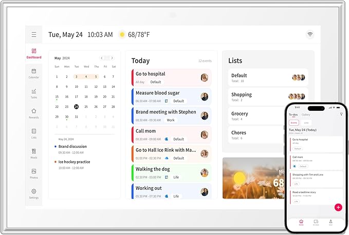 Moonka 10.1" Wall Planner Digital Calendar & Chore Chart, Smart Full HD Touchscreen Interactive Display for Family Schedules, To Do List, Meal Planner, Great for Organizing Your 2026 Calendar